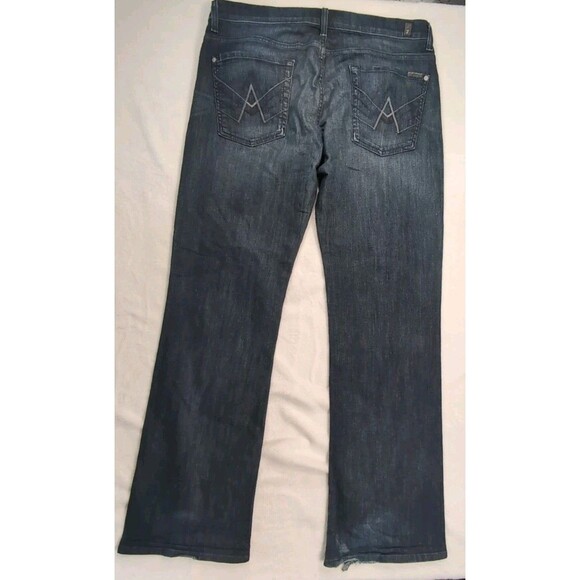 7 For All Mankind Jeans Mens 36x28 Blue Dark Wash Bootcut Denim Design On Pocket - Picture 13 of 16